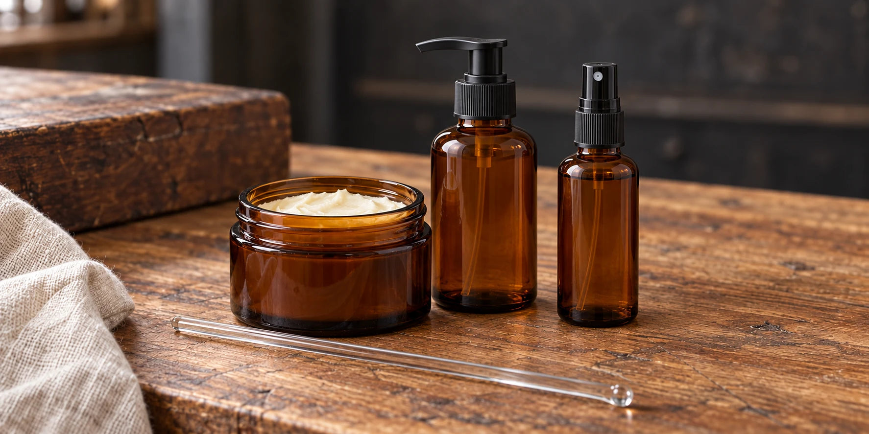 Unlabelled amber cream jar, pump bottle and spray bottle with a glass mixing stick on worn studio wood