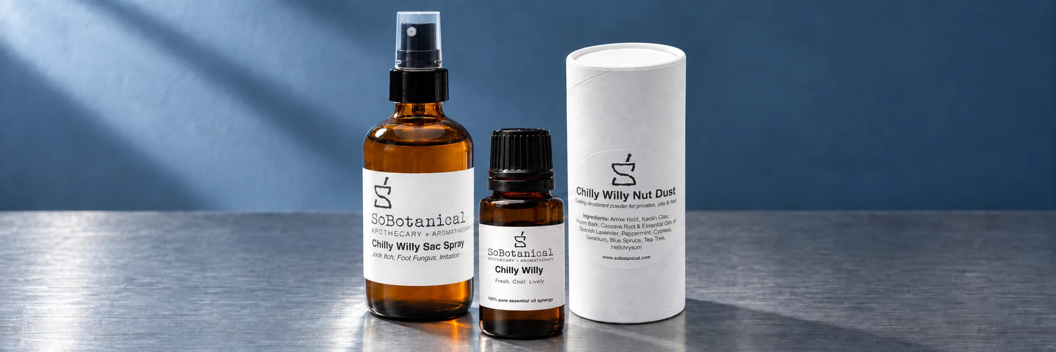 Chilly Willy Sac Spray, essential oil blend and Nut Dust on brushed metal