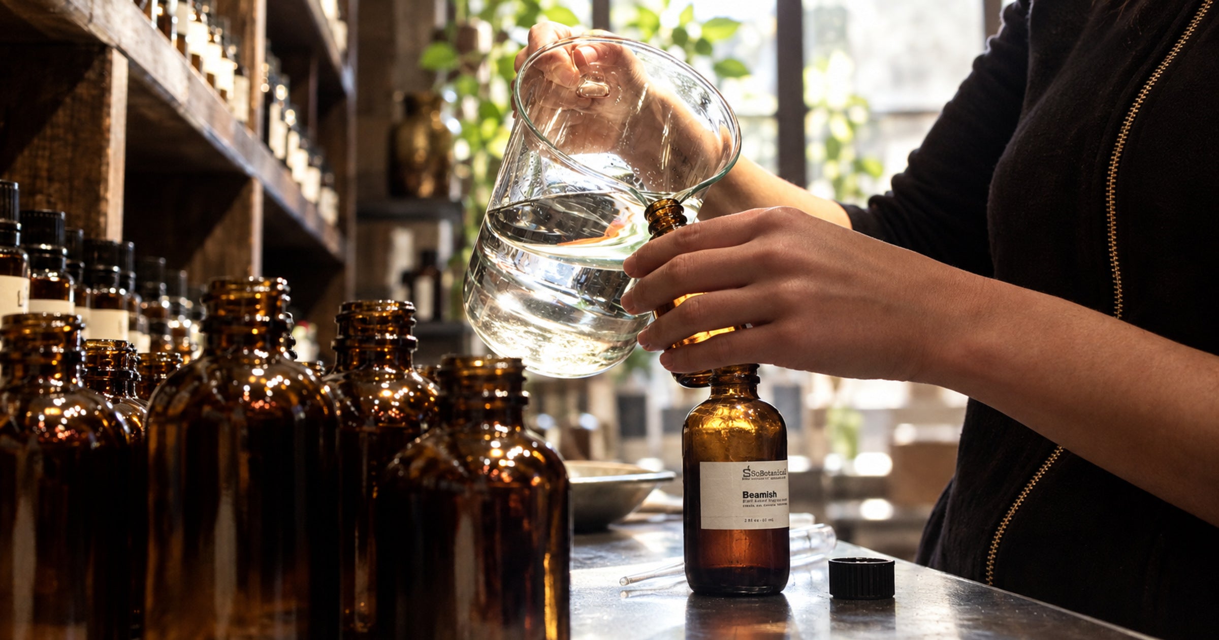 Hands pouring liquid from a glass pitcher among amber bottles in a sunlit apothecary.