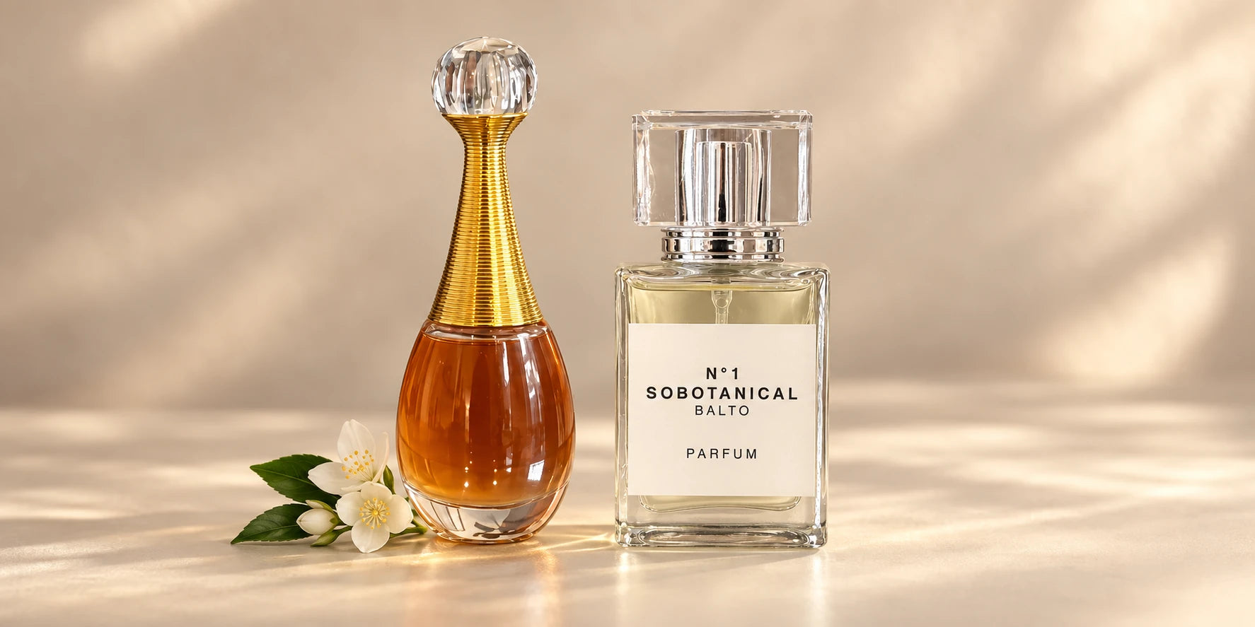 Two perfume bottles with white blossoms in warm sunlight