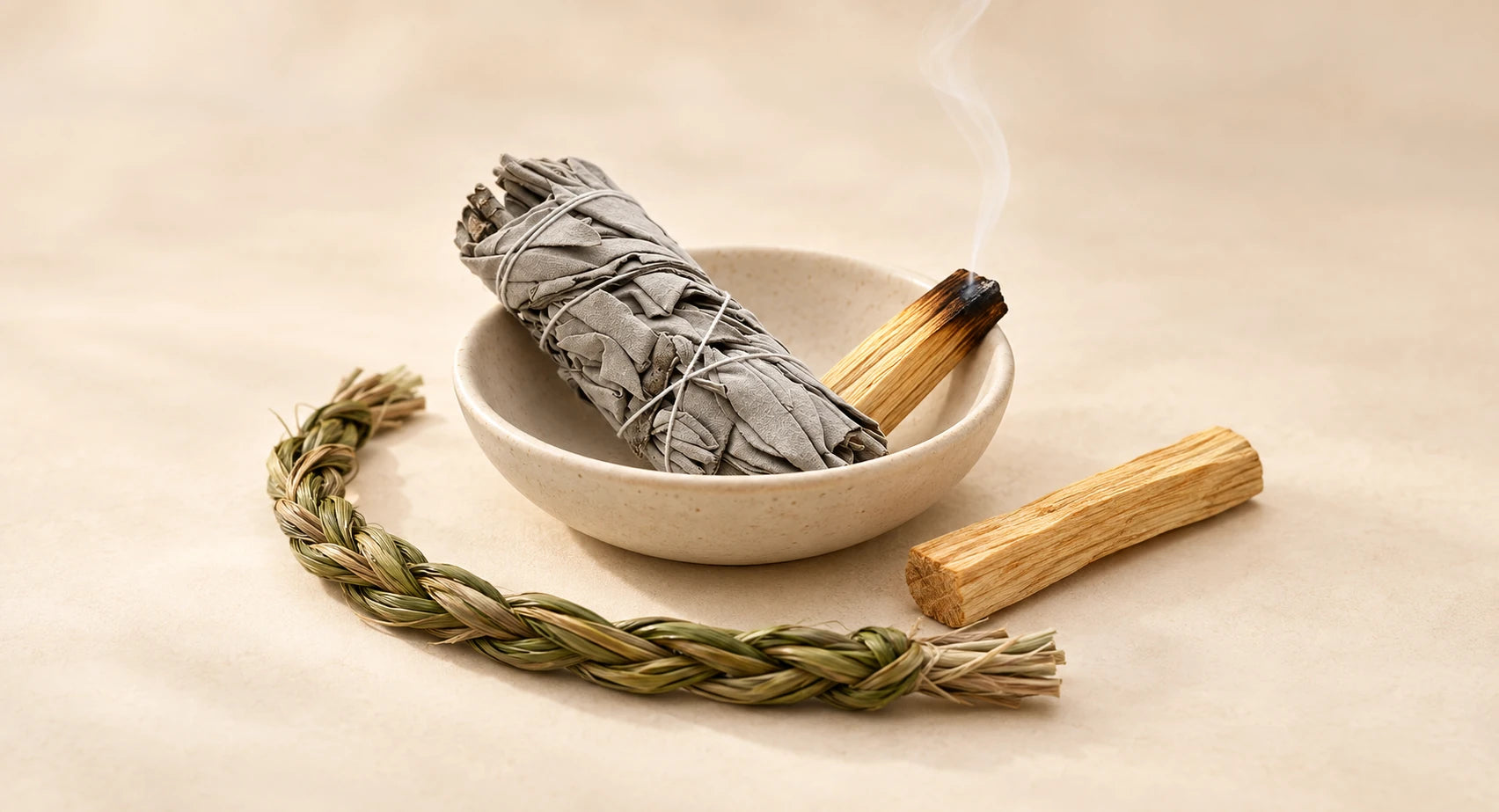 Sage, palo santo and braided sweetgrass arranged with a ceramic bowl